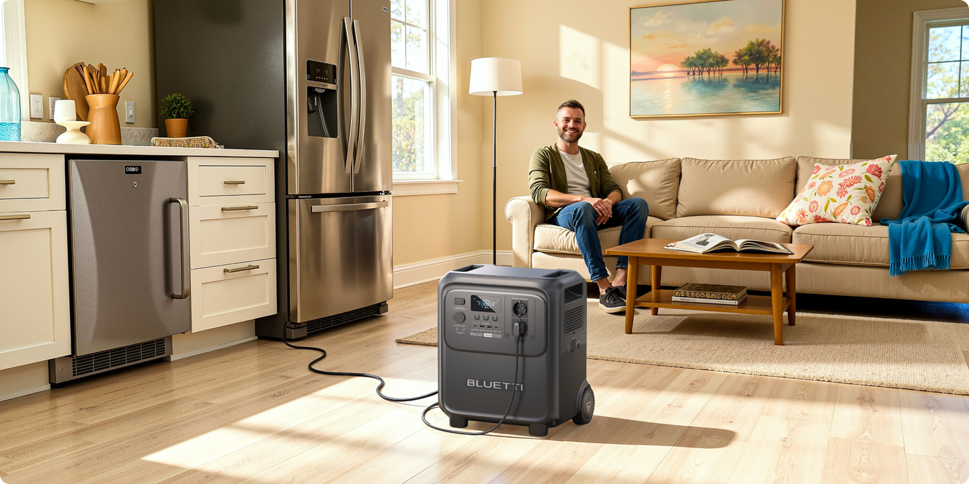 BLUETTI Elite 320 Portable Power Station with 1,800 W Output | 3,200 Wh , LCD display and multiple ports on wooden floor in a kitchen with a man on a couch in background www.mygeneratorplus.com 