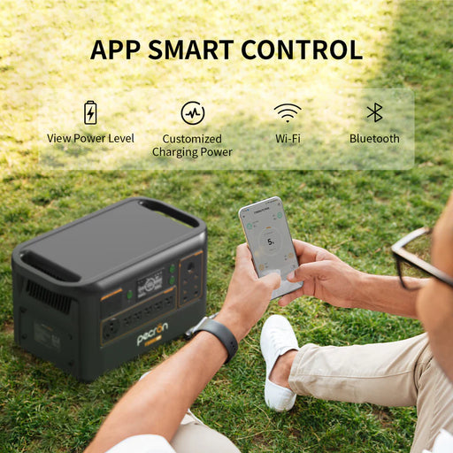 PECRON F3000LFP Portable Solar Generator – 3600W | 3072Wh digital display and multiple outlets LiFePO4 battery and solar panels with a man using app with key features sitting on grass www.mygeneratorplus.com