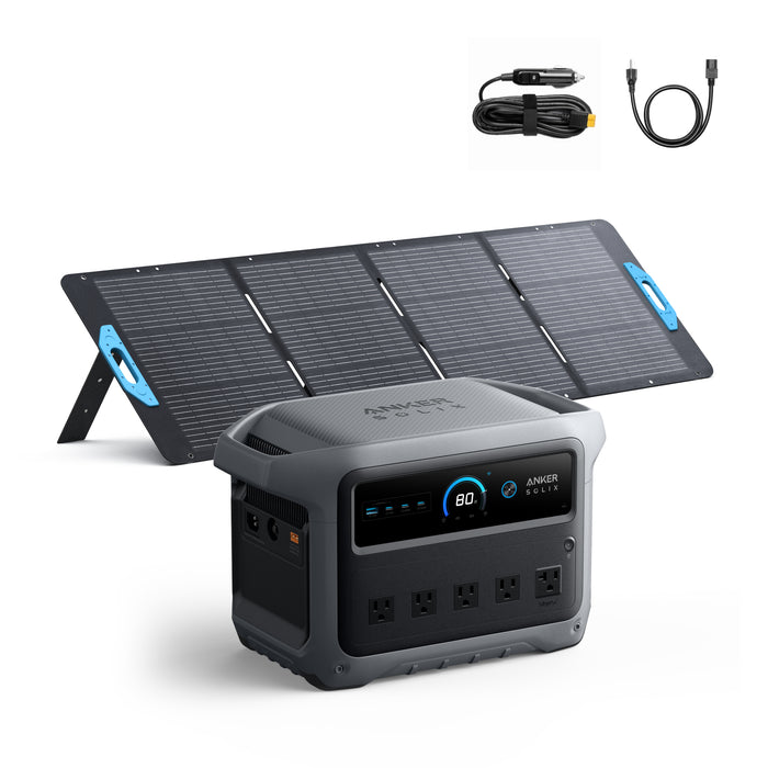 Anker SOLIX C1000 Gen2 1,024Wh | 2,000W Solar Generator + Choose Your Custom Package solar panel and charging cable on a white background