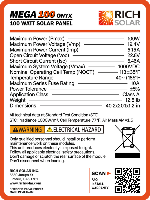 Rich Solar MEGA 100 ONYX 100W 12V Monocrystalline Solar Panel