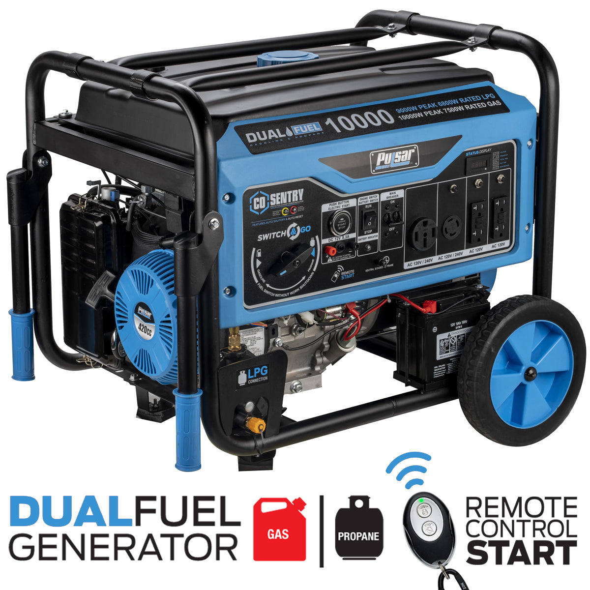 Pulsar 10,000 Watt Dual Fuel Generator with Recoil, Remote, Push Butto ...