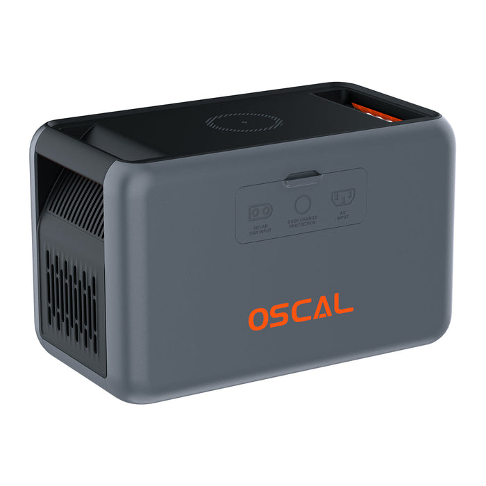 Oscal PowerMax 1800 Portable Power Station on white background with electrical ports and cordless phone charger.