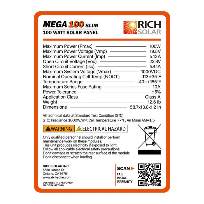 Rich Solar MEGA 100W SLIM 12V Monocrystalline Solar Panel