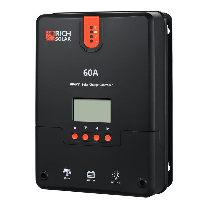 Rich Solar 60 Amp MPPT Solar Charge Controller on a white background www.mygeneratorplus.com
