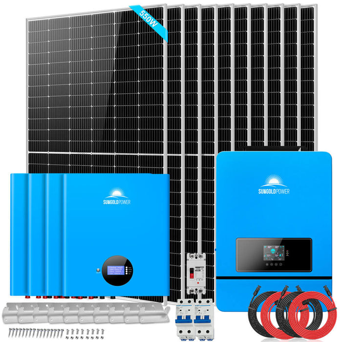 Sungold Power OFF-GRID Solar Kit 10 X 550w Solar Panels 4 X 5.12KWH Powerwall Lithium Battery 10KW Inverter 48VDC 120V/240V SGM-10K20