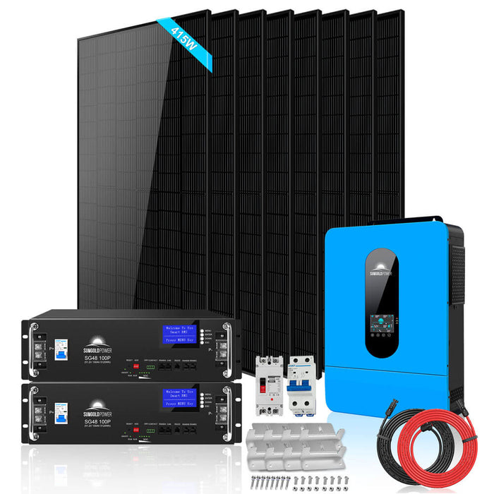 Sungold Power OFF-GRID Solar Kit 6500w 48VDC 120VAC LiFePO4 10.24KWH Lithium Battery 8 X 415w Solar Panels SGR-6510E