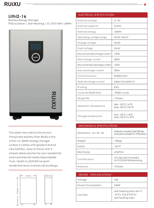 RUiXU | Lithi2-16 | 51.2V314Ah | 16kWh LiFePO4 Battery Complete Energy Storage System