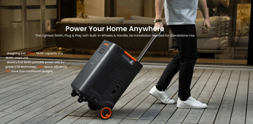 Jackery Explorer 5000 Plus Power Station with key specifications and features on a wooden deck and handle being pulled in the background www.mygeneratorplus.com