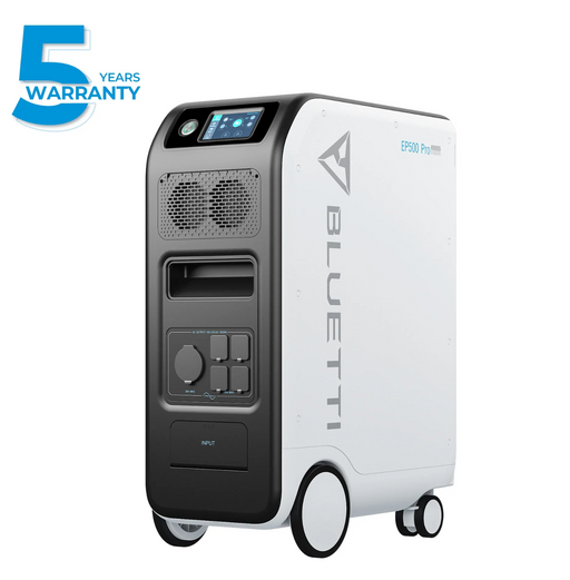 BLUETTI EP500Pro Solar Power Station | 3,000W 5,120Wh BLUETTI on white background. With 5 year warranty logo.