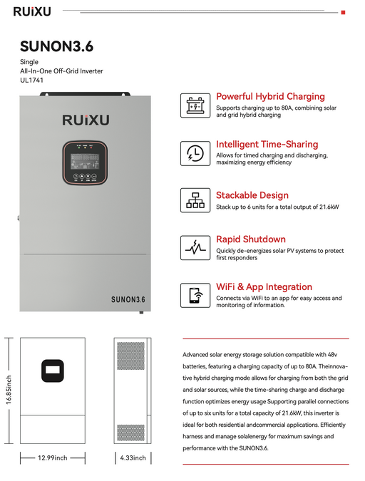 RUiXU Single-Phase Off-Grid Inverter SUNON3.6 3.6kW UL1741 on a white background showing specifications and key features www.mygeneratorplus.com