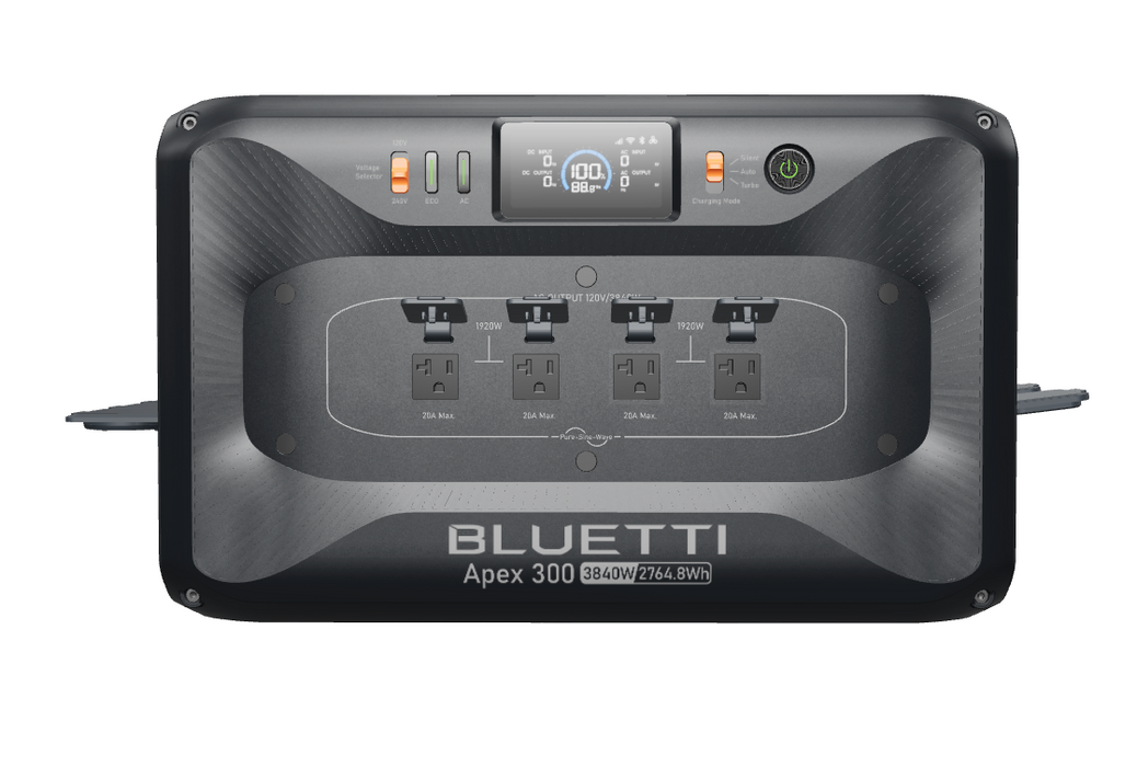 BLUETTI Apex 300 Versatile Power Station   3,840W | 2,764.8Wh | LiFePO₄ | $0.54/Wh 
on a white background showing l.e.d display and multiple outlets for off-grid power and emergency, rv, home backup power supply for sale with free shipping at  on a white background www.mygeneratorplus.com


