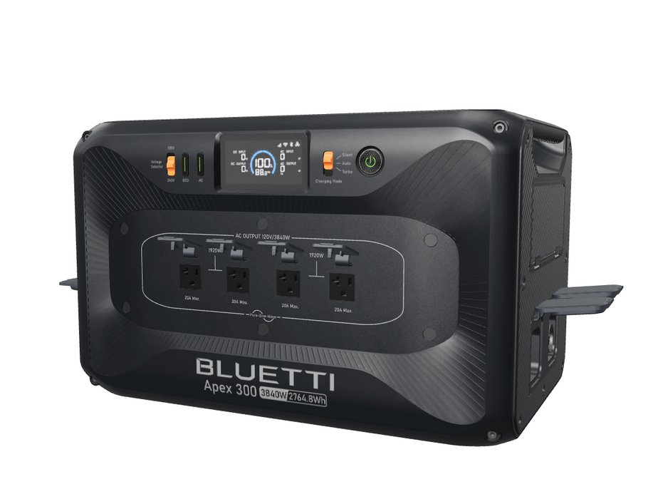 BLUETTI Apex 300 Versatile Power Station   3,840W | 2,764.8Wh | LiFePO₄ | $0.54/Wh 
on a white background showing l.e.d display and multiple outlets for off-grid power and emergency, rv, home backup power supply for sale with free shipping at  on a white background www.mygeneratorplus.com


