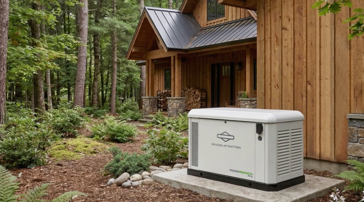 Briggs & Stratton PowerProtect™ 18kW Home Standby Generator + Choose Your Custom Package in front of a wooden cabin in a forest setting