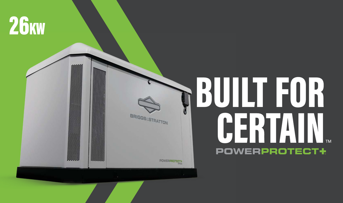 Briggs & Stratton power protector with 'Built for Certain' text on a green and gray background