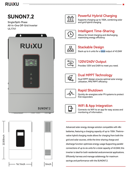 RUiXU Single/Split-Phase Off-Grid Inverter SUNON7.2 7.2kW UL1741 on a white background showing specifications and key features www.mygeneratorplus.com