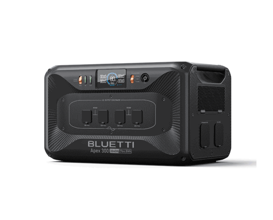 BLUETTI Apex 300 Versatile Power Station   3,840W | 2,764.8Wh | LiFePO₄ | $0.54/Wh 
on a white background showing l.e.d display and multiple outlets for off-grid power and emergency, rv, home backup power supply for sale with free shipping at  on a white background www.mygeneratorplus.com
