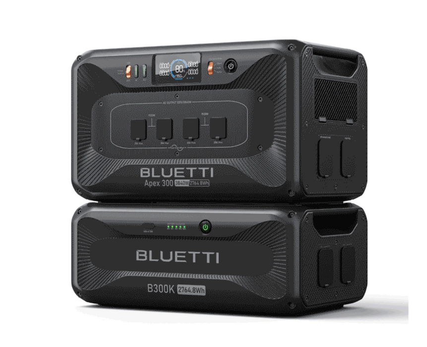 BLUETTI Apex 300 Versatile Power Station   3,840W | 5,529.6Wh | LiFePO₄ | 120V/240V | $0.45/Wh
on a white background showing l.e.d display and multiple outlets for off-grid power and emergency, rv, home backup power supply for sale with free shipping at  on a white background www.mygeneratorplus.com
