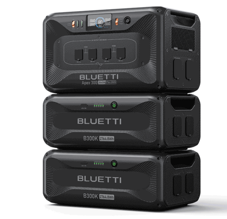 BLUETTI Apex 300 Versatile Power Station   3,840W | 8,294.4Wh | LiFePO₄ | $0.43/Wh
on a white background showing l.e.d display and multiple outlets for off-grid power and emergency, rv, home backup power supply for sale with free shipping at  on a white background www.mygeneratorplus.com