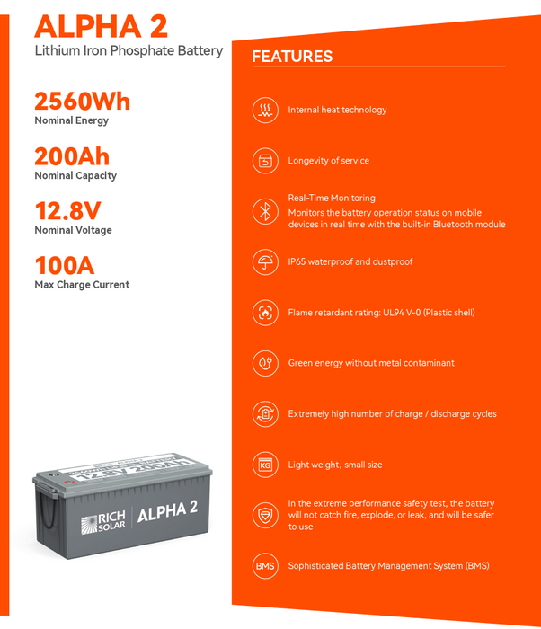 Rich Solar ALPHA 2 | 12V 200Ah LiFePO4 Lithium Iron Phosphate Battery w/ Internal Heat Technology and Bluetooth