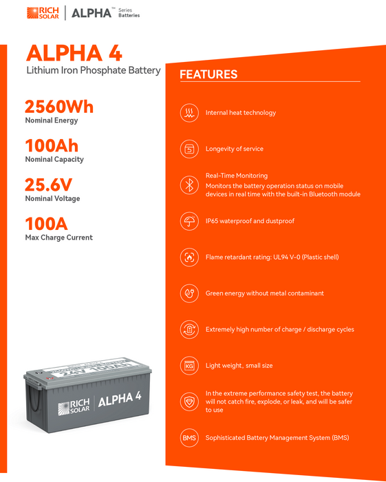 Rich Solar ALPHA 4 | 24V 100Ah LiFePO4 Lithium Iron Phosphate Battery w/ Internal Heat Technology and Bluetooth