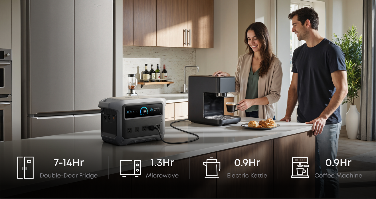 Anker SOLIX C1000 Gen2 1,024Wh | 2,000W Solar Generator + Choose Your Custom Package on a white background Man and woman in a kitchen with a portable power station and coffee machine, showing usage times.