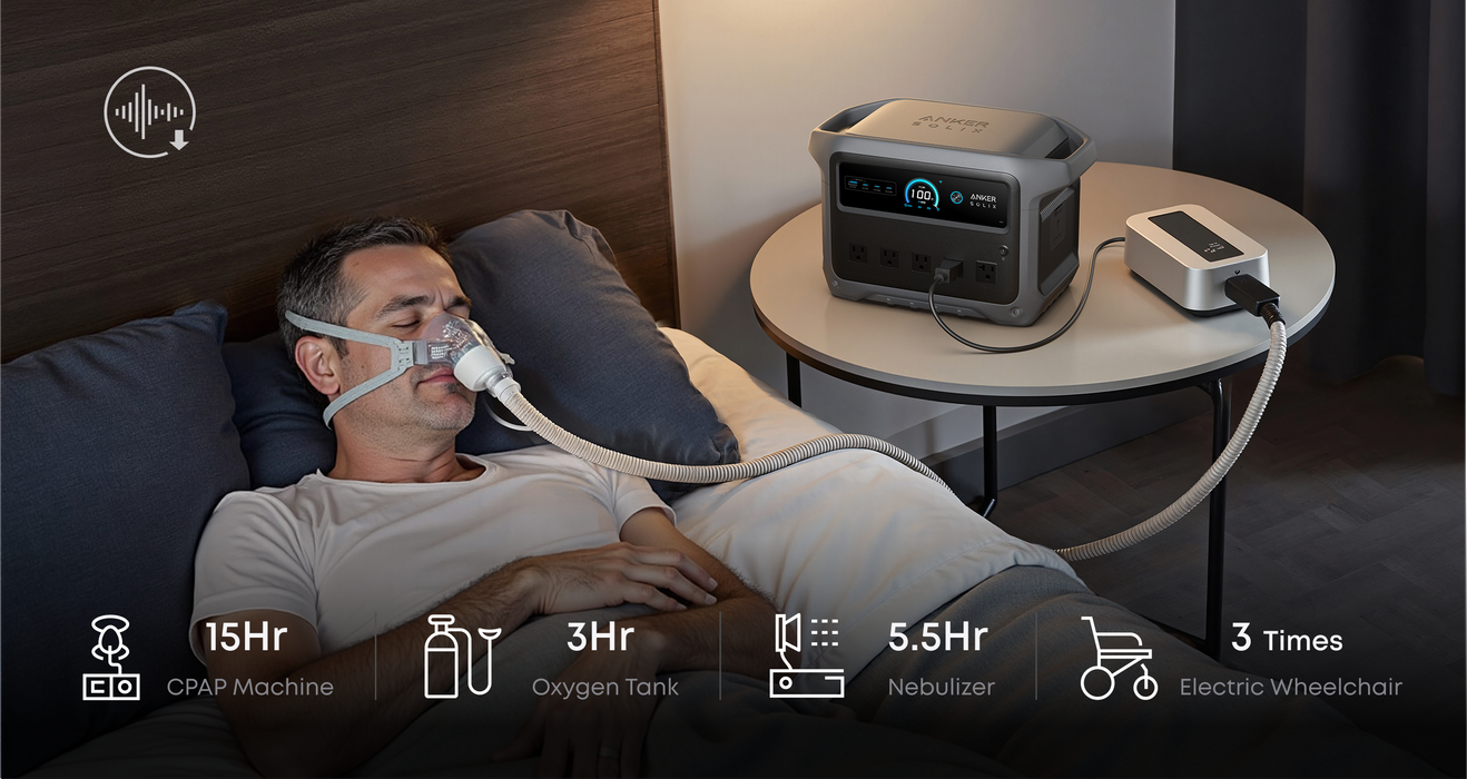Anker SOLIX C1000 Gen2 1,024Wh | 2,000W Solar Generator + Choose Your Custom Package Man using a CPAP machine in bed with a side table displaying an oxygen concentrator and battery pack.