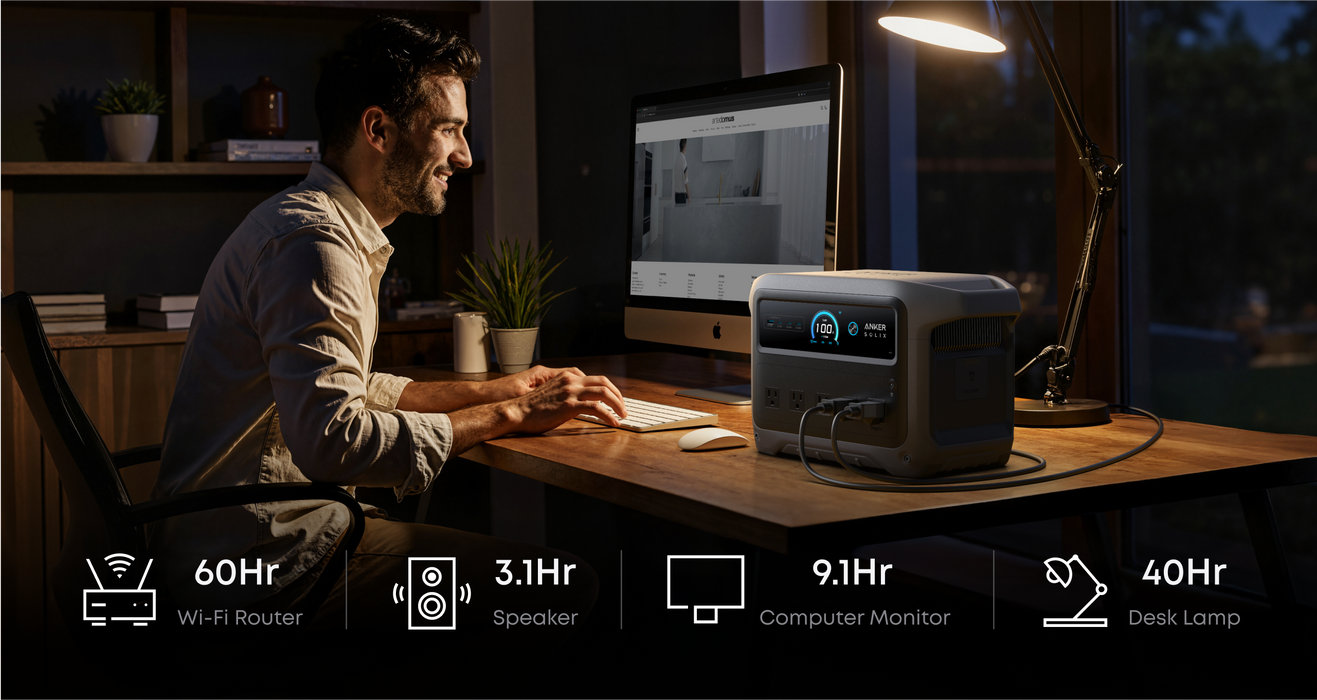 Anker SOLIX C1000 Gen2 1,024Wh | 2,000W Solar Generator + Choose Your Custom Package at a desk with a computer and various electronic devices on a dark background