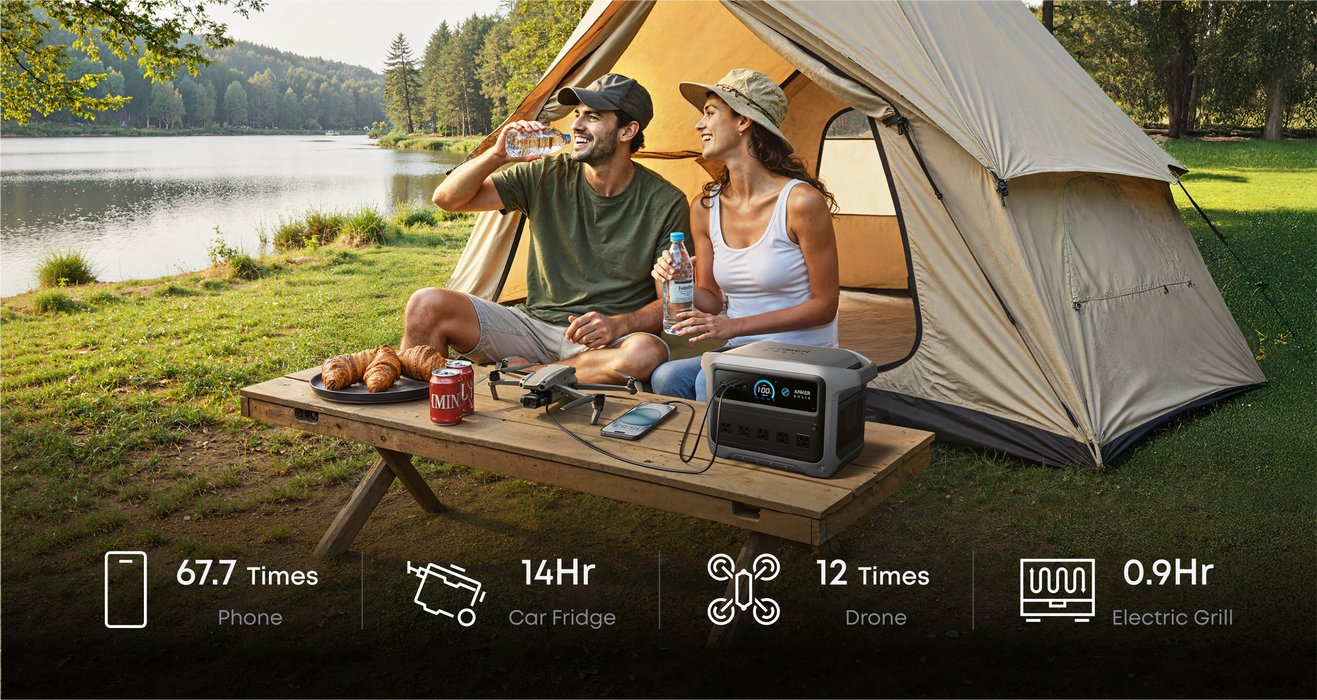 Anker SOLIX C1000 Gen2 1,024Wh | 2,000W Solar Generator + Choose Your Custom Package couple camping by a lake with a Power Station, surrounded by nature.
