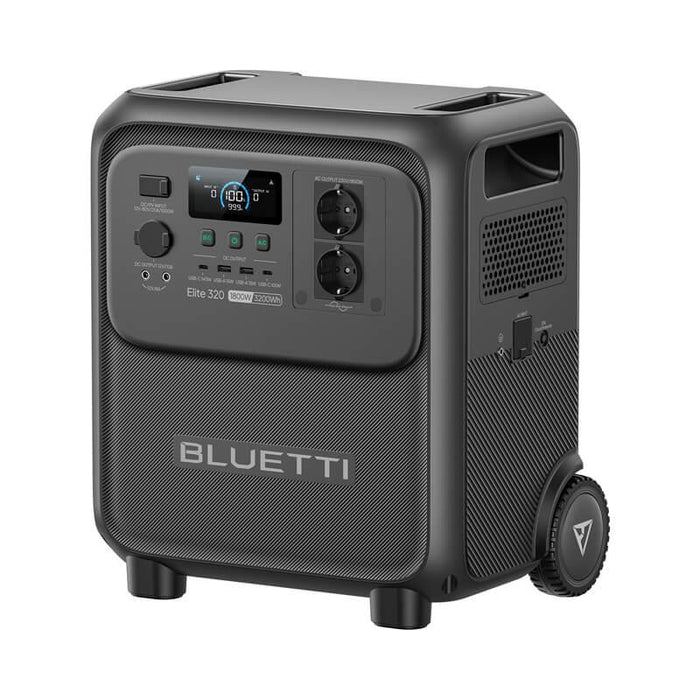 BLUETTI Elite 320 Portable Power Station with 1,800 W Output | 3,200 Wh , LCD display and multiple ports on a white background www.mygeneratorplus.com 