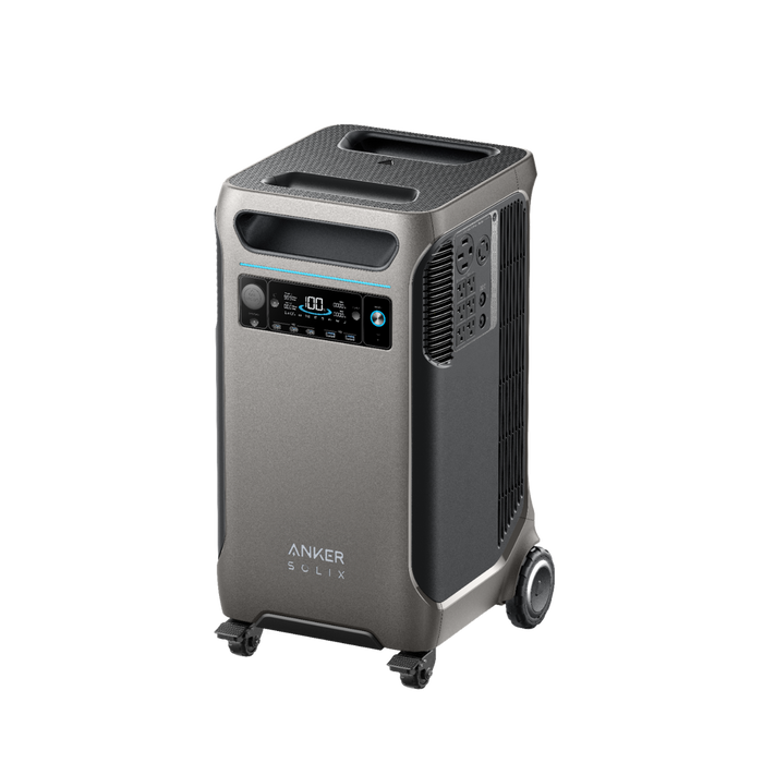 Anker SOLIX F3800 Portable Power Station - 3,840Wh | 6,000W+ Choose Your Custom Package from www.mygeneratorplus.com - power station on a white background showing key features and plugs wheels and extendable handle.