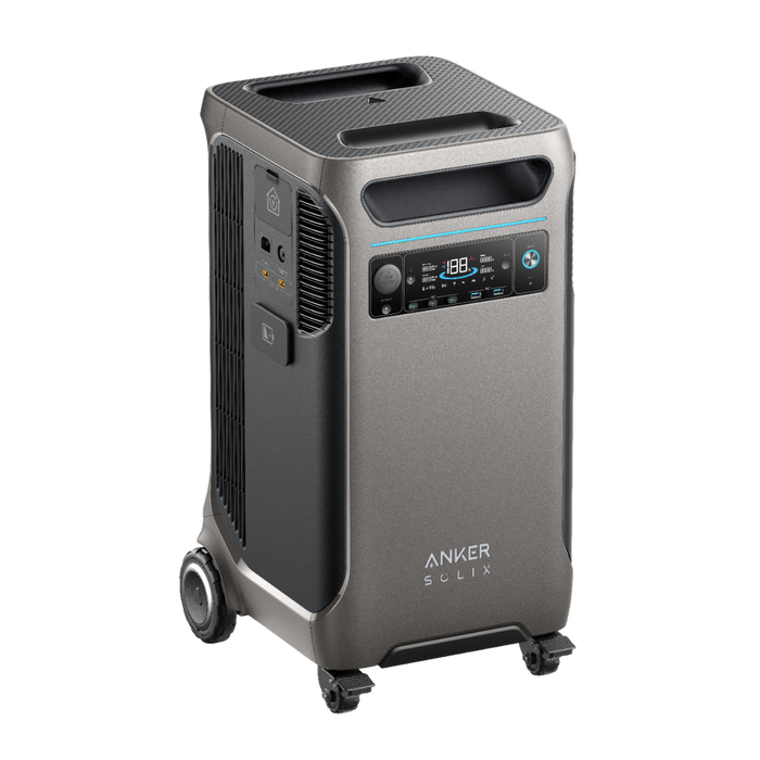 Anker SOLIX F3800 Portable Power Station - 3,840Wh | 6,000W+ Choose Your Custom Package from www.mygeneratorplus.com - power station on a white background showing key features and plugs wheels and extendable handle.