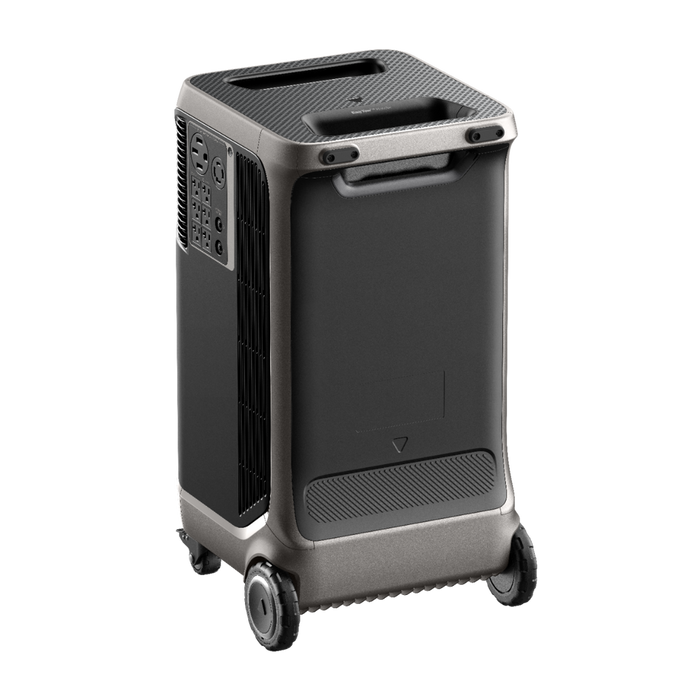 Anker SOLIX F3800 Portable Power Station - 3,840Wh | 6,000W+ Choose Your Custom Package from www.mygeneratorplus.com - power station on a white background showing key features and plugs wheels and extendable handle.