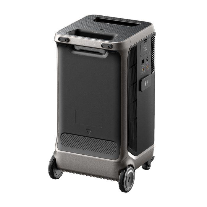 Anker SOLIX F3800 Portable Power Station - 3,840Wh | 6,000W+ Choose Your Custom Package from www.mygeneratorplus.com - power station on a white background showing key features and plugs wheels and extendable handle.