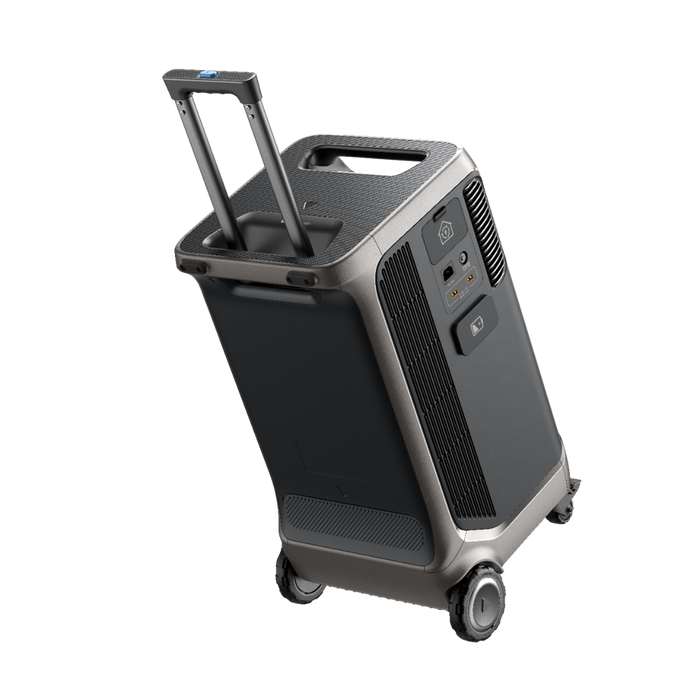 Anker SOLIX F3800 Portable Power Station - 3,840Wh | 6,000W+ Choose Your Custom Package from www.mygeneratorplus.com - power station on a white background showing key features and plugs wheels and extendable handle.