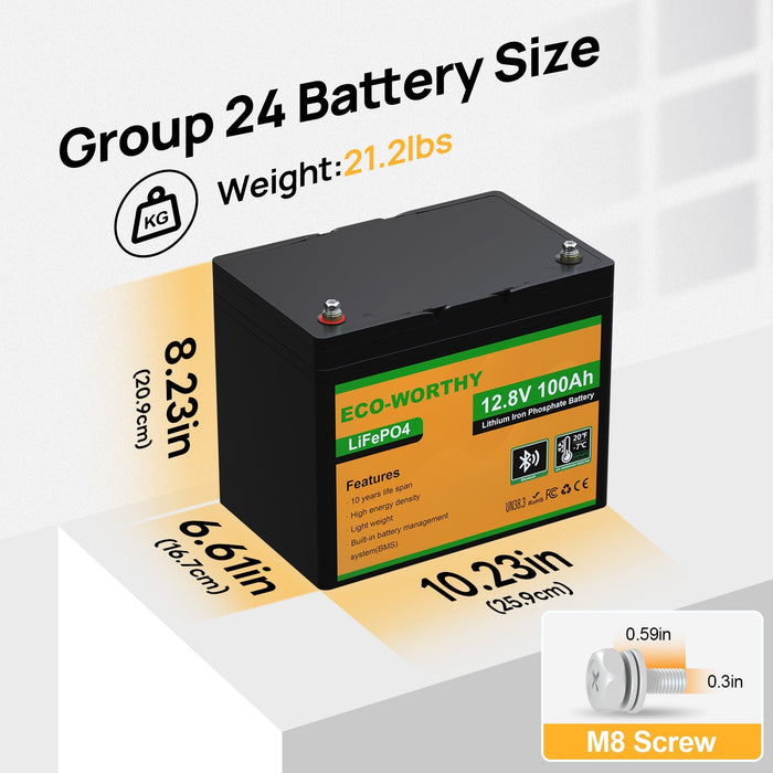 ECO-WORTHY LiFePO4 12V 100Ah Lithium Iron Phosphate Battery With Bluetooth And Low-temperature Protection