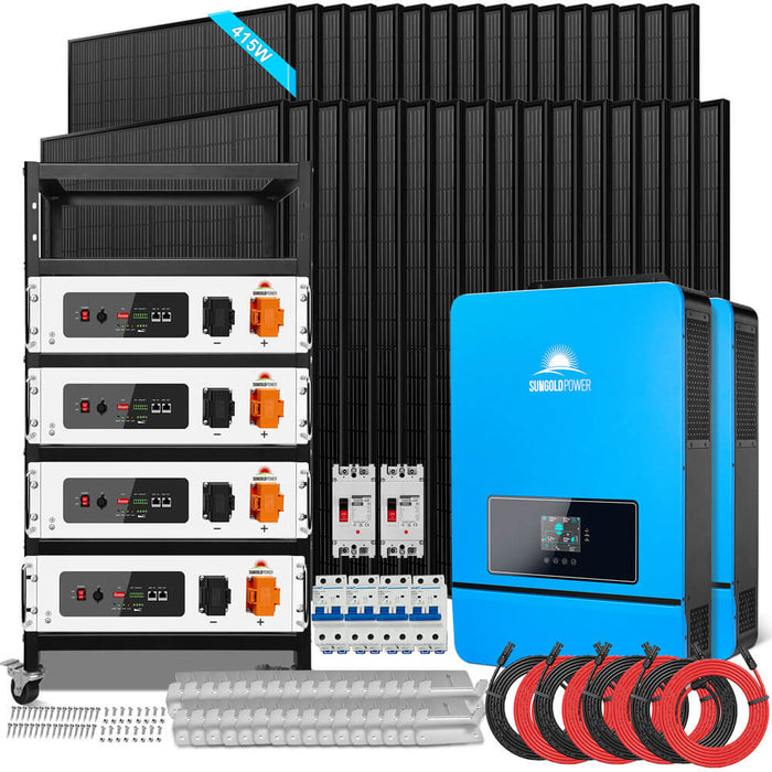 Sungold Power OFF GRID SOLAR KIT 16KW 48VDC 120V/240V LIFEPO4 25.6KWH Self-Heating LITHIUM BATTERY 32 X 415 WATTS SOLAR PANELS SGR-16K25E