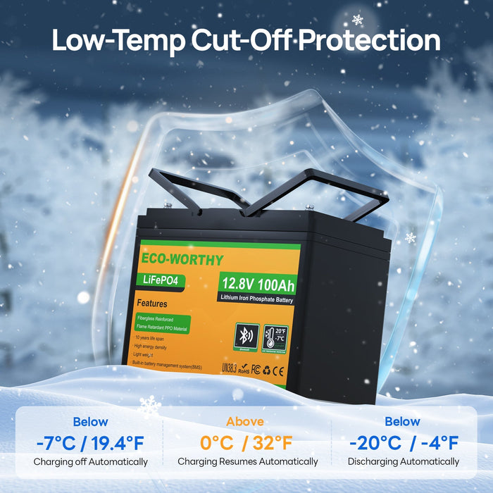 ECO-WORTHY LiFePO4 12V 100Ah Lithium Iron Phosphate Battery With Bluetooth And Low-temperature Protection