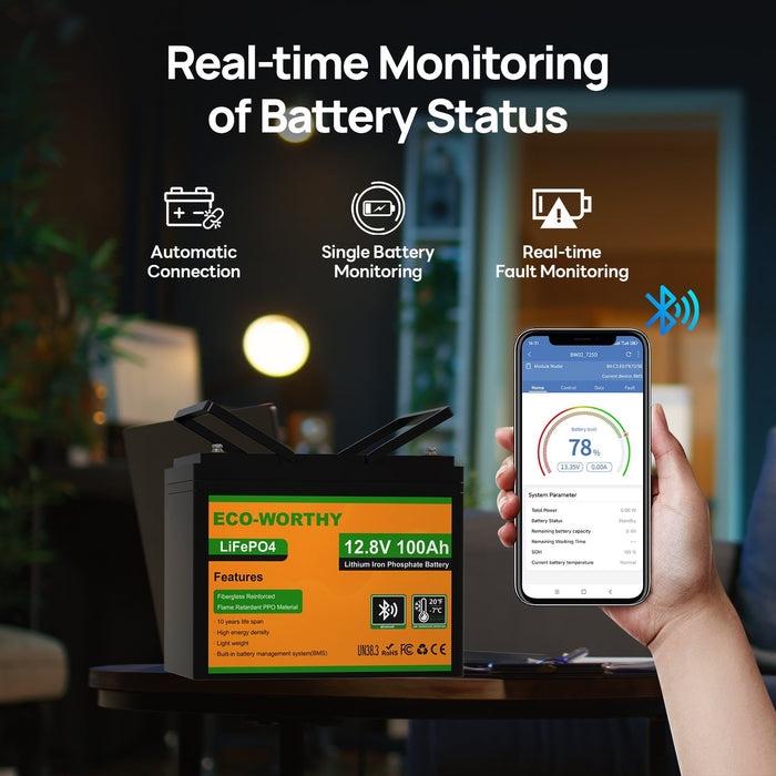 ECO-WORTHY LiFePO4 12V 100Ah Lithium Iron Phosphate Battery With Bluetooth And Low-temperature Protection
